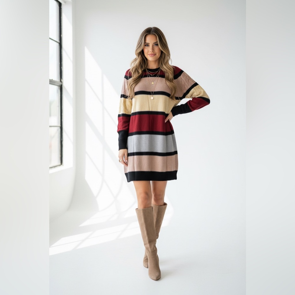 LuLaRoe Lauren Sweater Dress • Maroon Blush Cream Stripe • Sweater Knit
